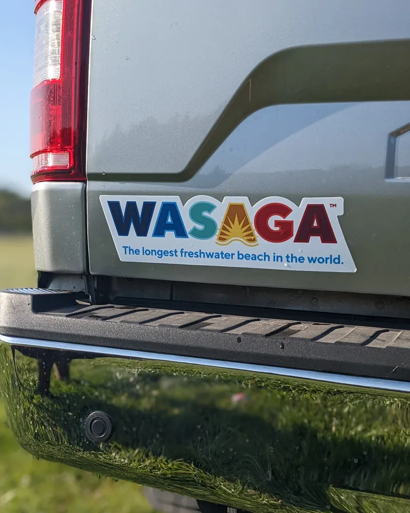 A Wasaga sticker on a truck tailgate